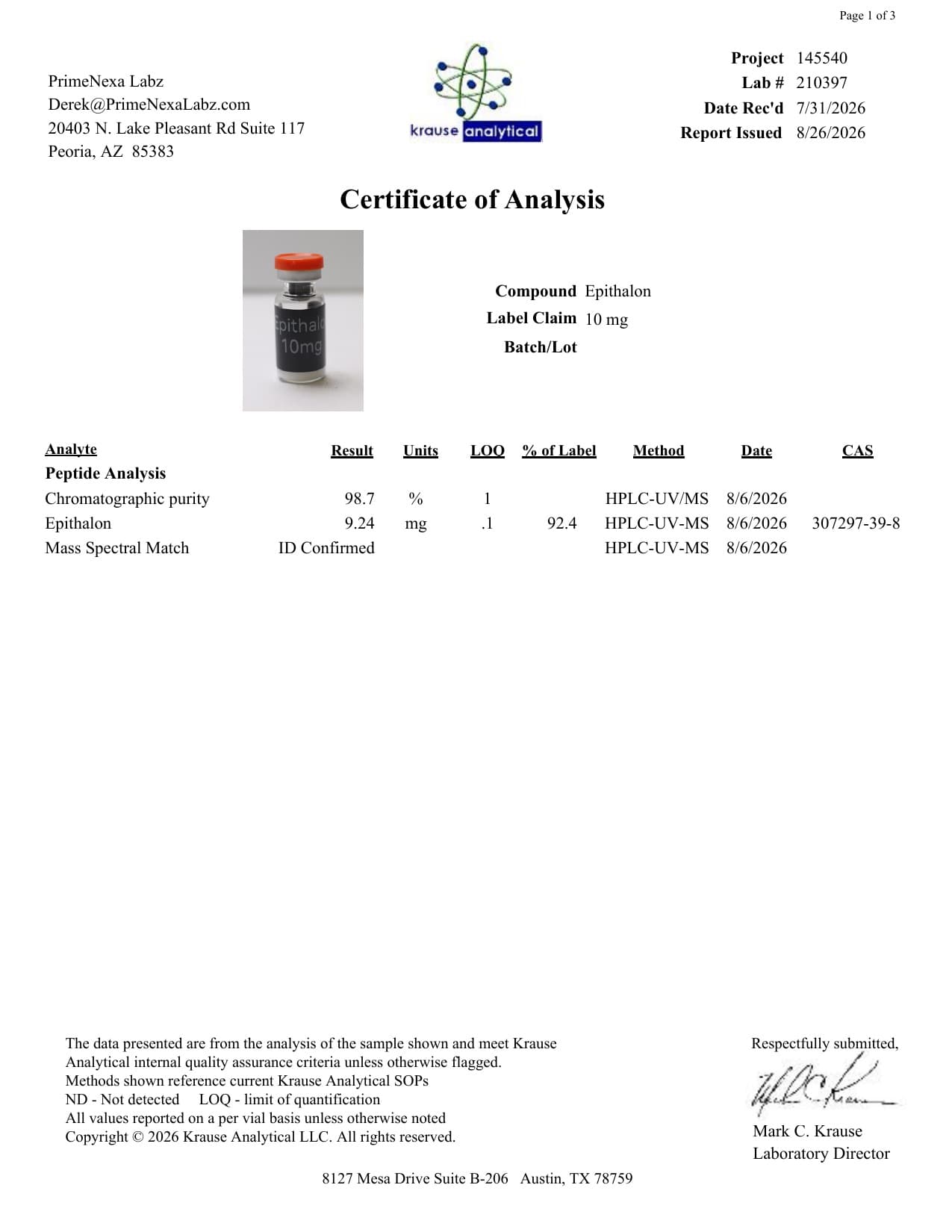 Epithalon 10mg Certificate of Analysis 2