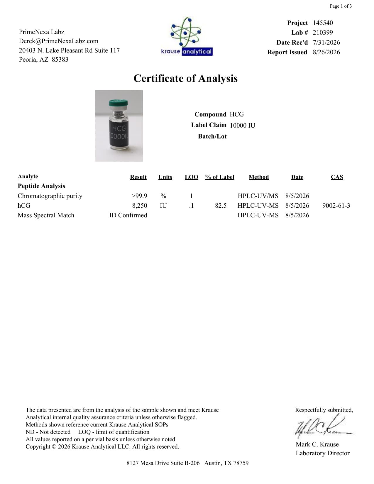 HCG 10000IU Certificate of Analysis