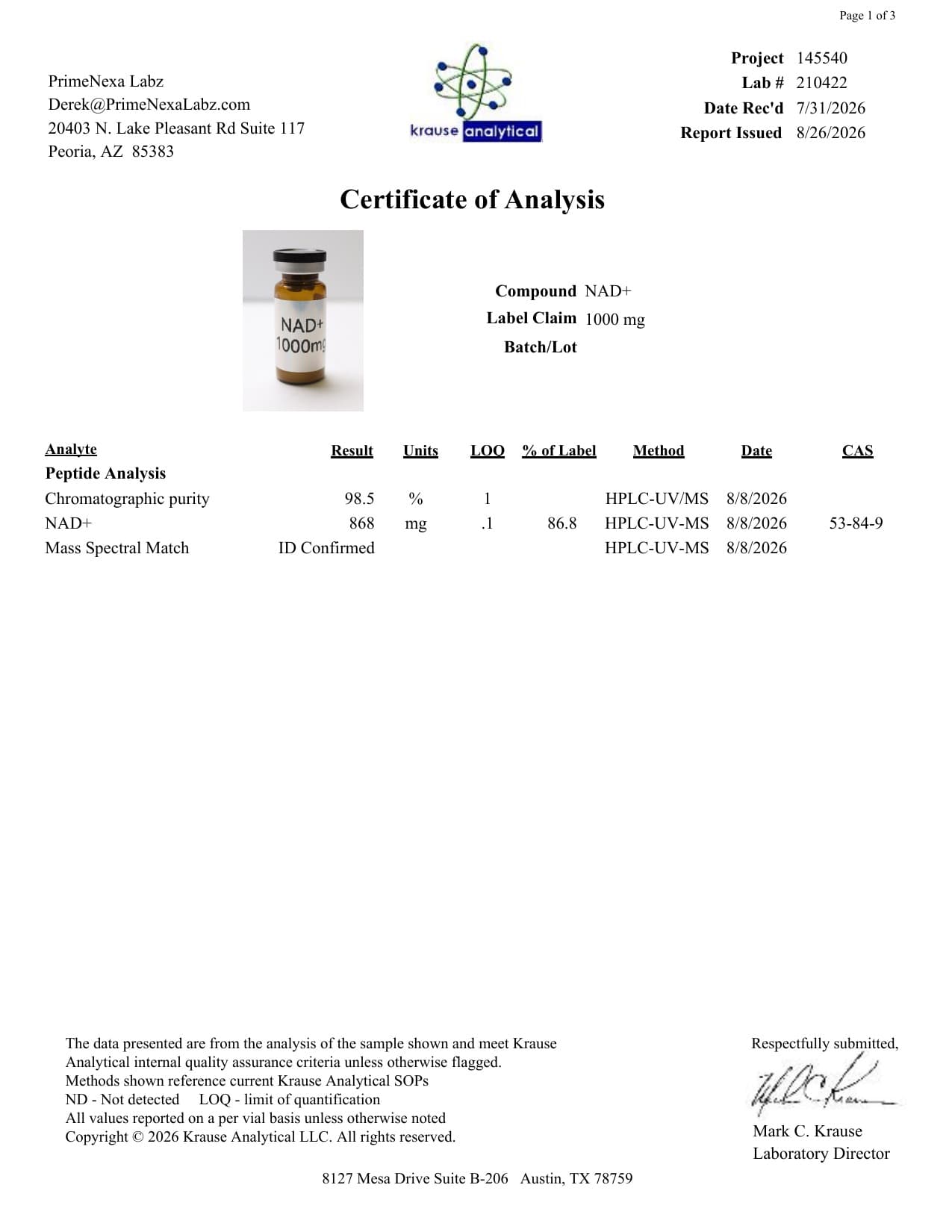 NAD+ 1000mg Certificate of Analysis 2