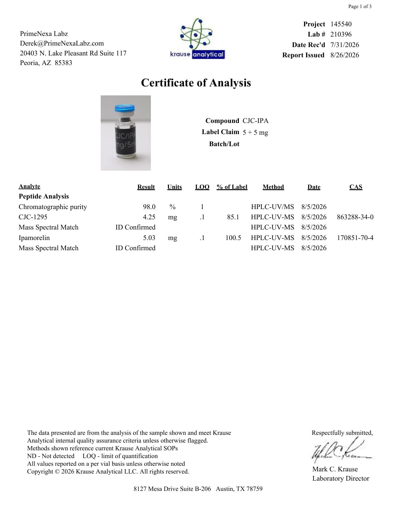 CJC(NO DAC)/IPA 5mg/5mg Certificate of Analysis 2