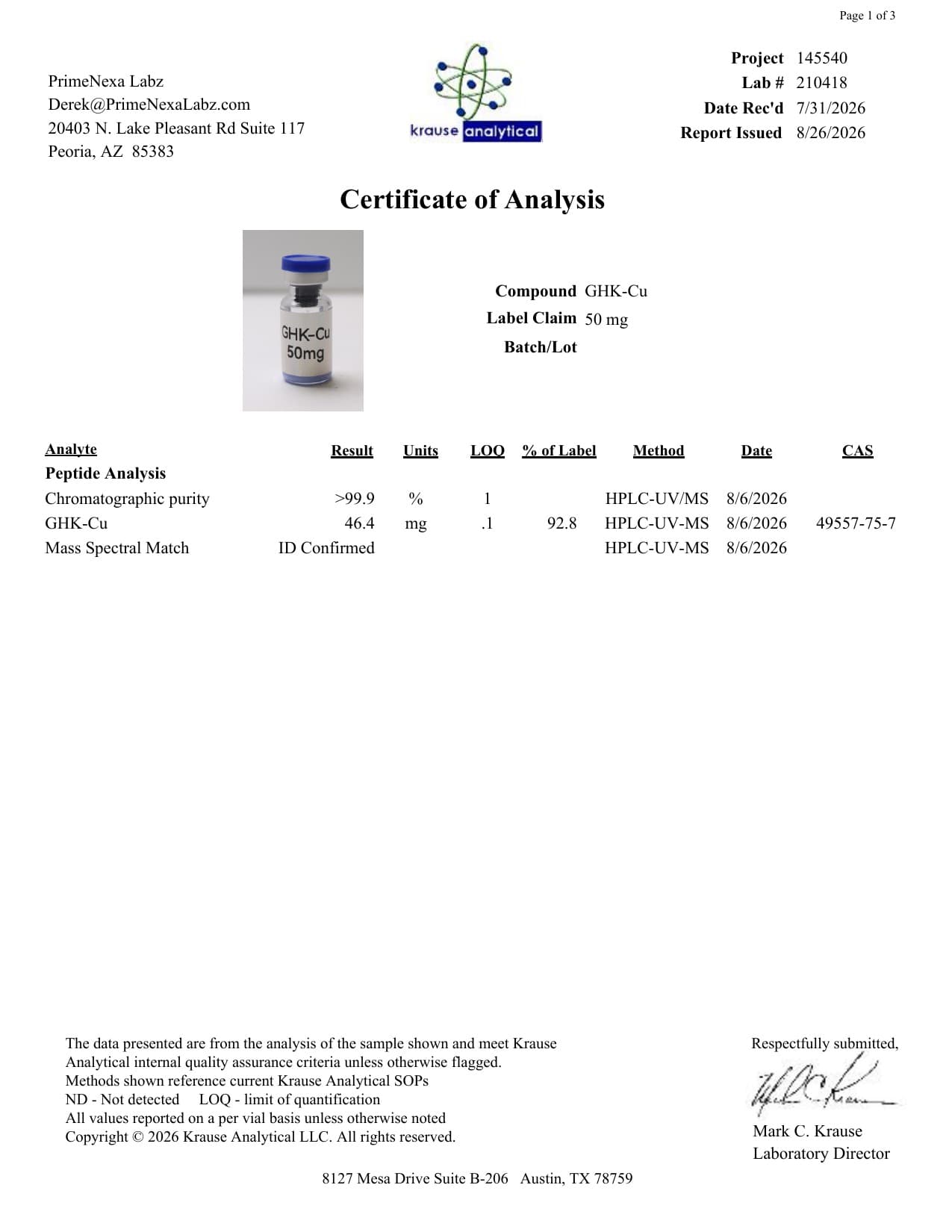 GHK-Cu 50mg Certificate of Analysis 3