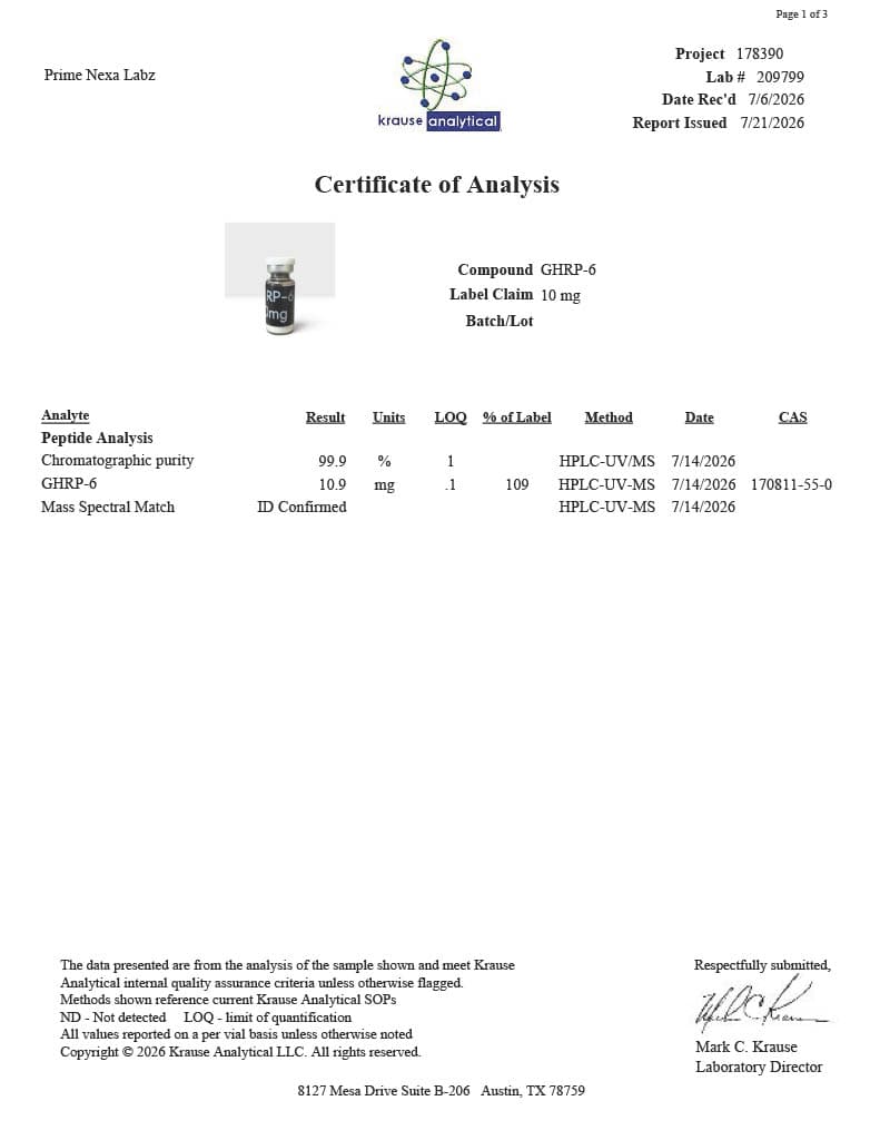 GHRP-6 10mg Certificate of Analysis