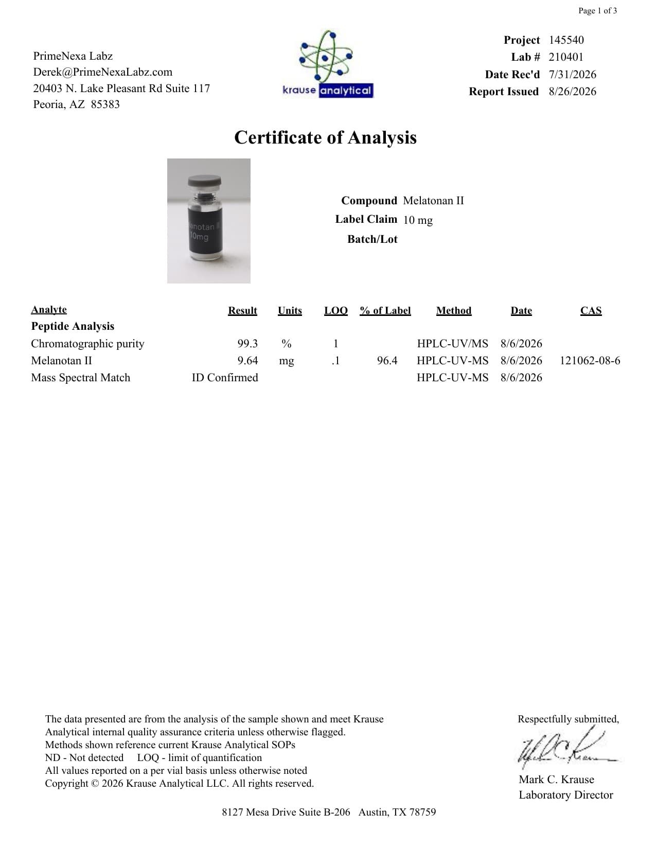 MT-2 10mg Certificate of Analysis 2