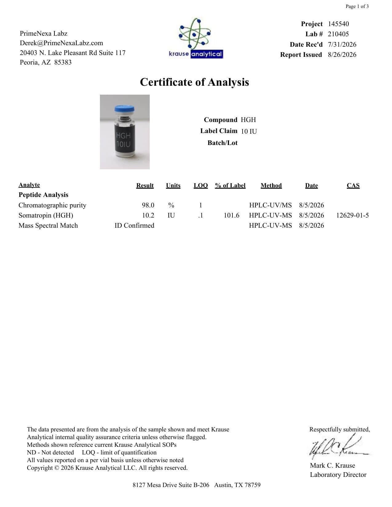 HGH 10IU Certificate of Analysis
