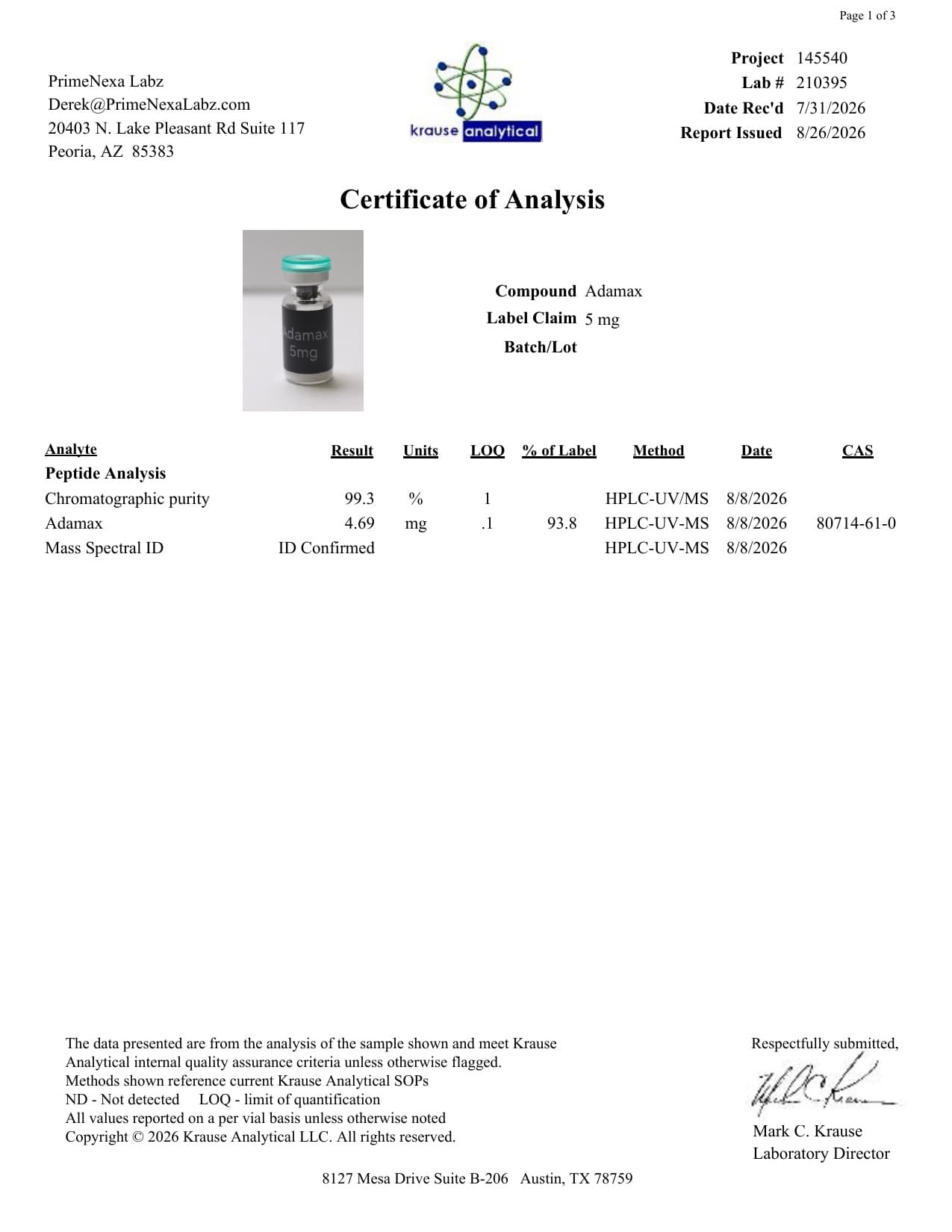Adamax 5mg Certificate of Analysis