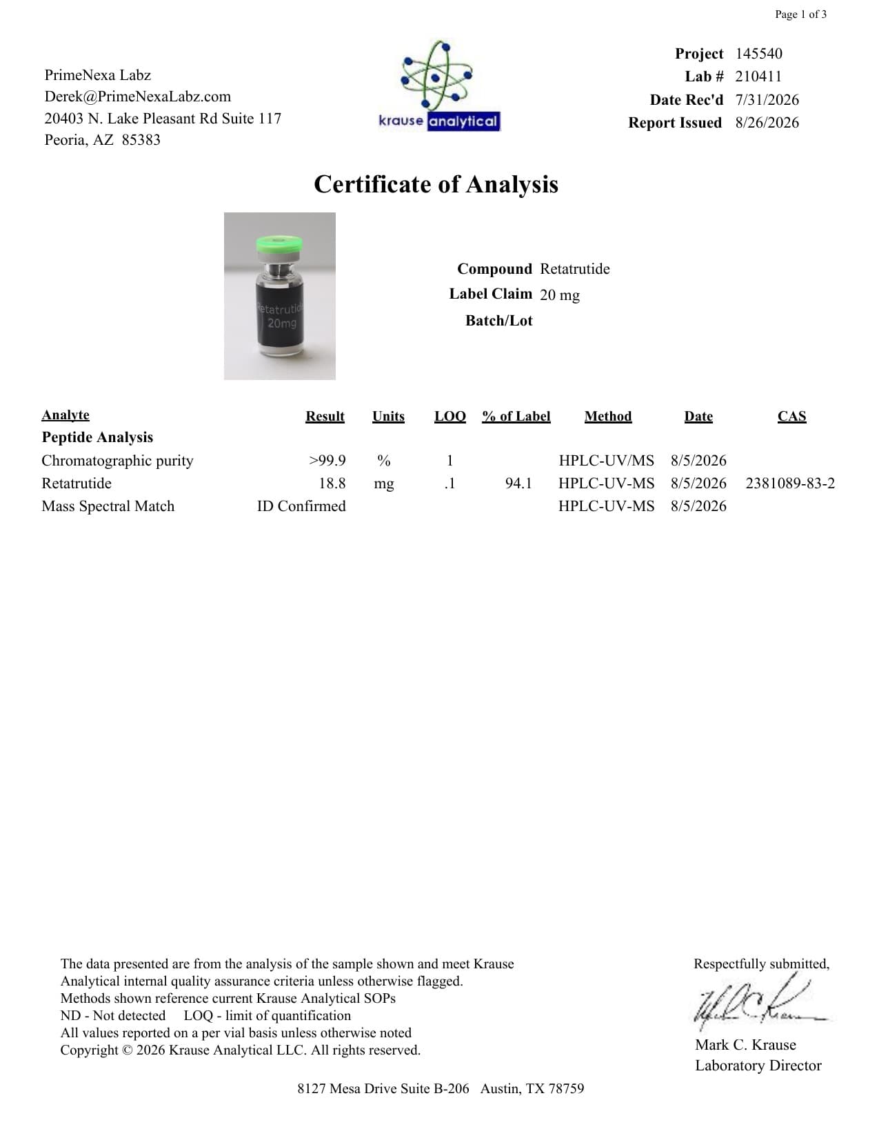 PH-RT3 20mg Certificate of Analysis 2
