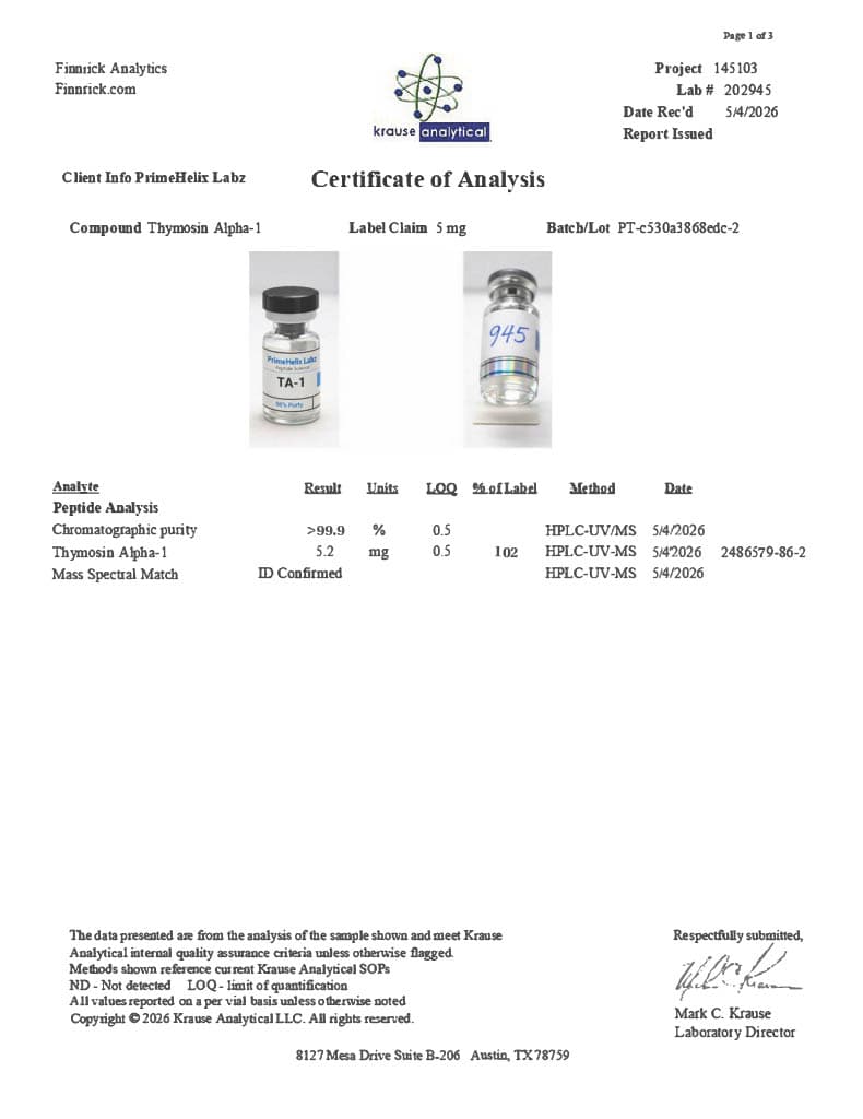 Thymosin Alpha-1 5mg Certificate of Analysis