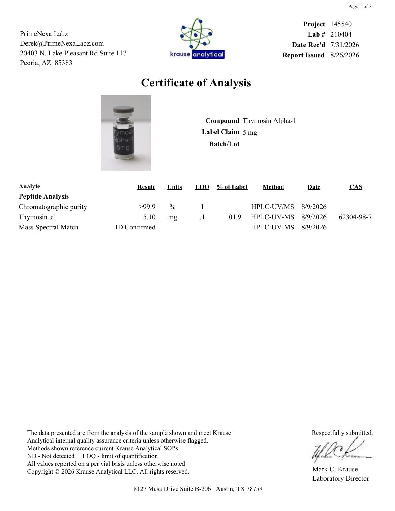 Thymosin Alpha-1 5mg Certificate of Analysis 2