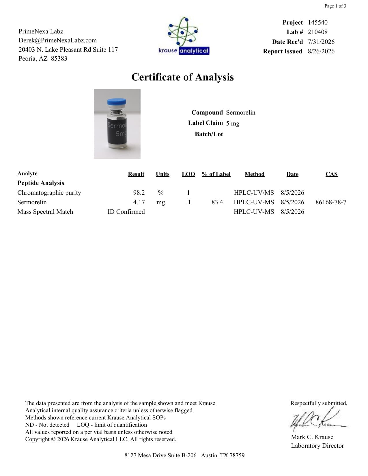 Sermorelin 5mg Certificate of Analysis 2