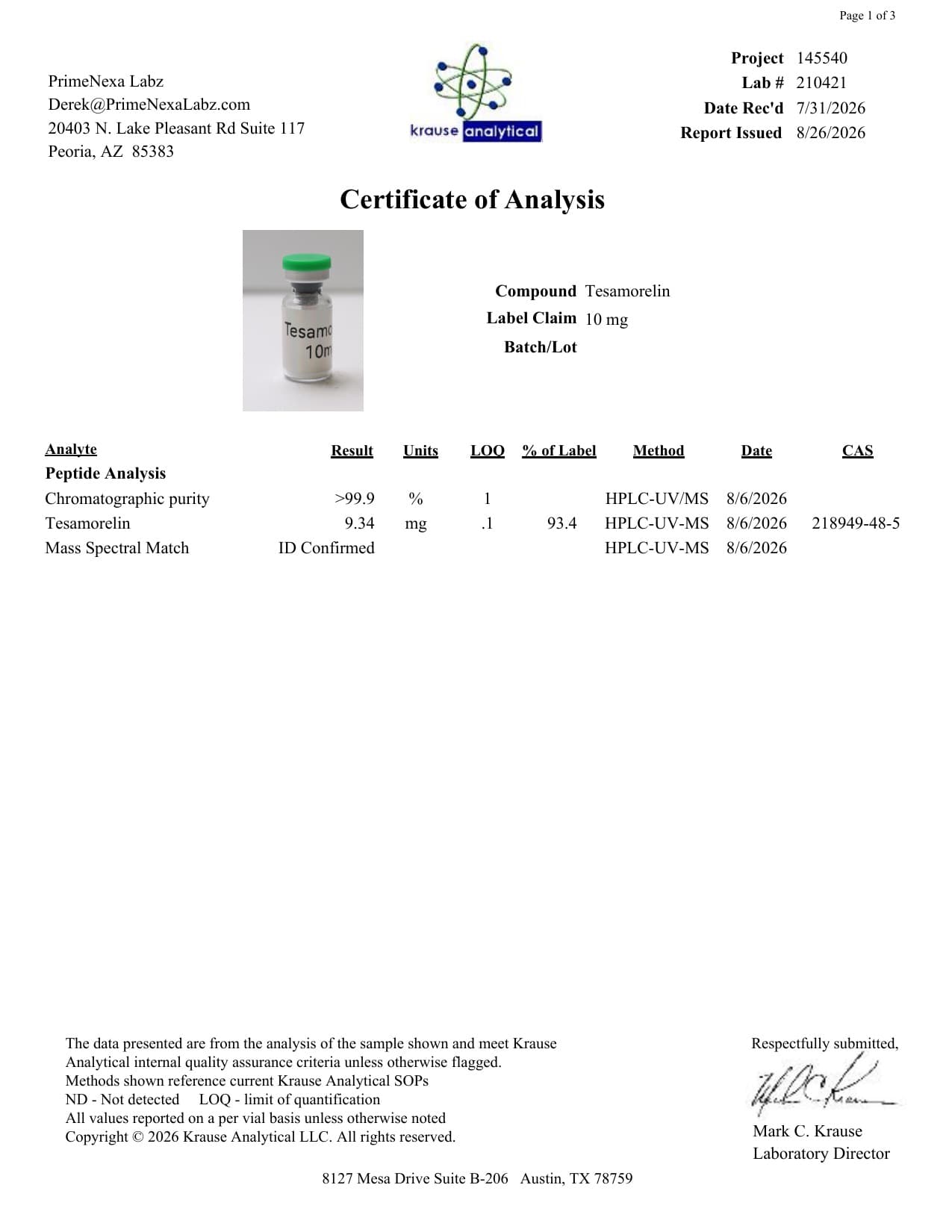 Tesamorelin 10mg Certificate of Analysis 3