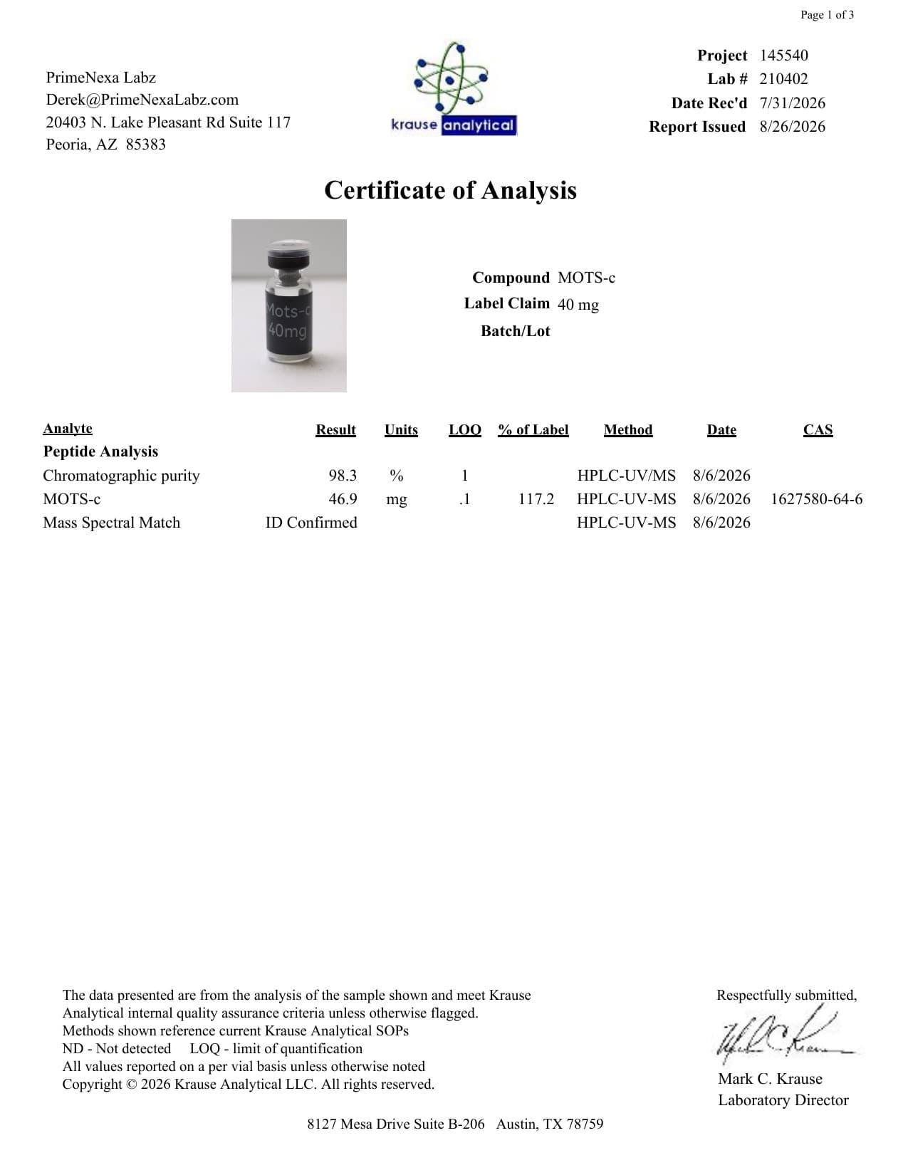MOTS-c 40mg Certificate of Analysis 1