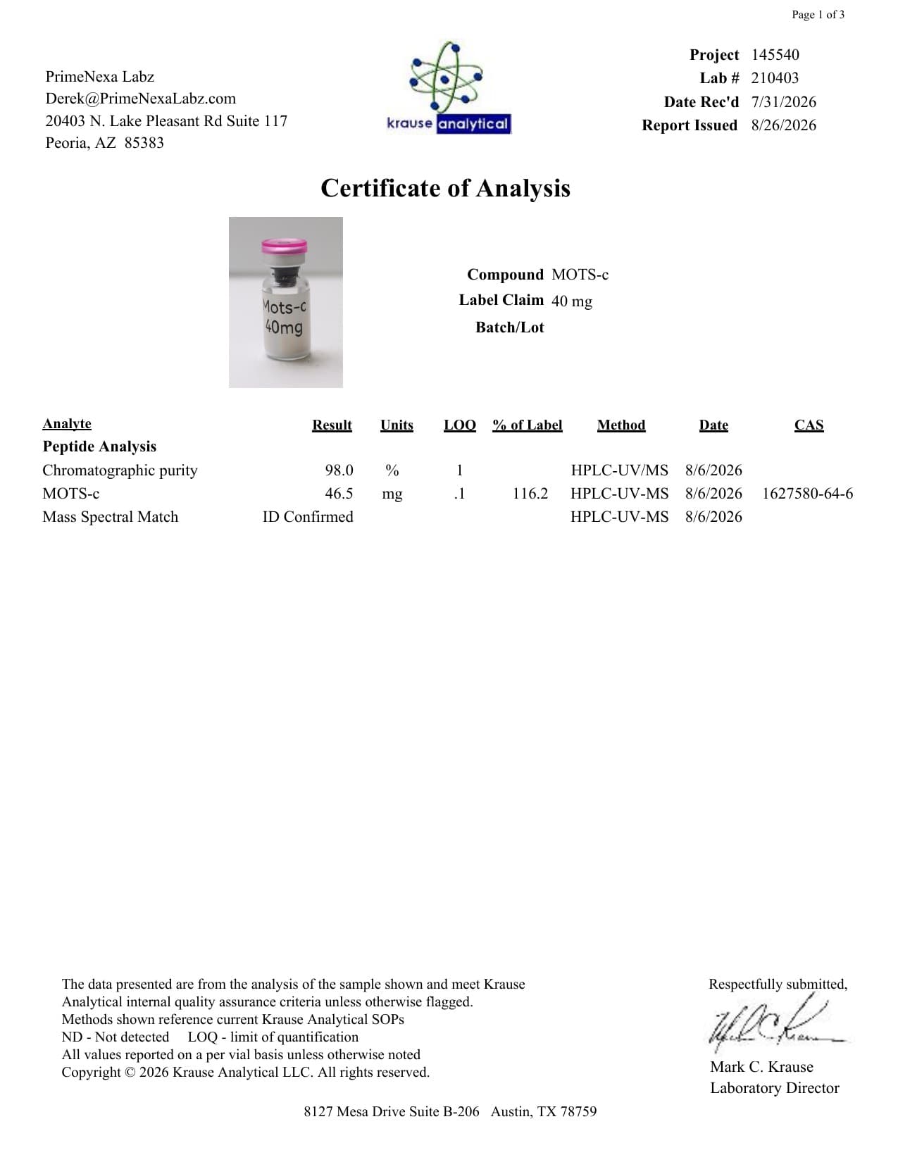 MOTS-c 40mg Certificate of Analysis 2