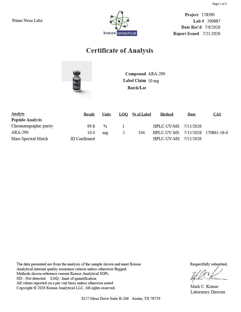 ARA-290 10mg Certificate of Analysis
