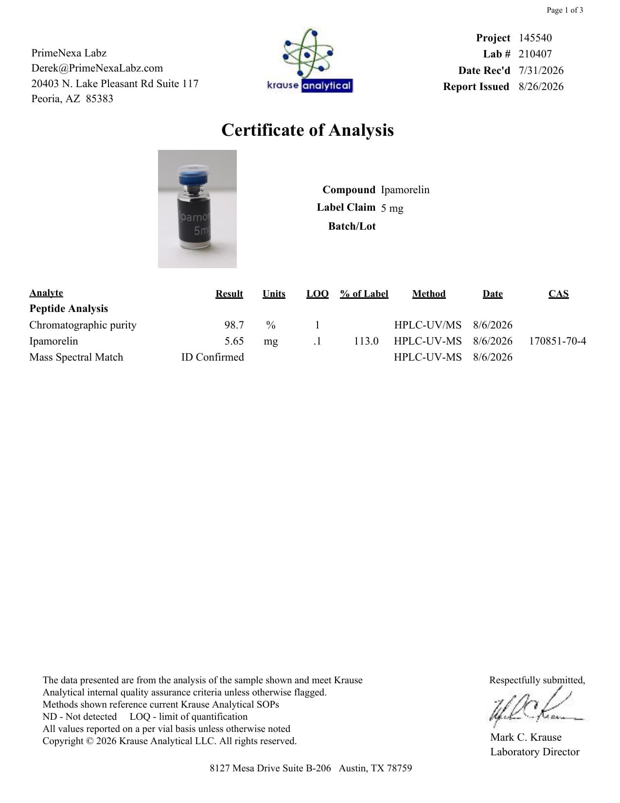 Ipamorelin 5mg Certificate of Analysis 2